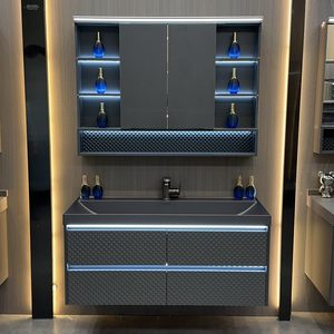 Hotel style seamless rock slab integrated basin intelligent folding mirror <b>cabinet</b> <b>wall</b> <b>mounted</b> bathroom <b>cabinet</b> - Product Image 1