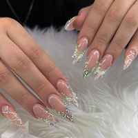 24 faux ongles roses en amande à presser, motif papillon ABS, couvrance totale, avec colle