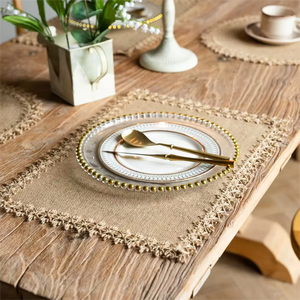 Gran oferta, Mantel Individual <span class=keywords><strong>de</strong></span> <span class=keywords><strong>yute</strong></span> con borlas <span class=keywords><strong>de</strong></span> encaje y Pompón blanco Natural, manteles <span class=keywords><strong>de</strong></span> <span class=keywords><strong>mesa</strong></span> rústicos <span class=keywords><strong>de</strong></span> <span class=keywords><strong>yute</strong></span> para bodas y fiestas - Product Image 1