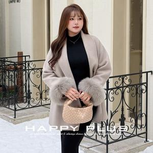 Manteau en laine double face Happy Plus, grande taille, coupe ample, manches longues, gris chêne avoine avec bordure en fourrure de renard - Product Image 2