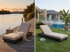 Chaise longue d'extérieur moderne avec coussin beige en oléfine, dossier réglable, structure en aluminium, design contemporain, pour parc, hôtel, bord de piscine - Product Image 3
