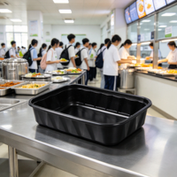 Boîte alimentaire rectangulaire noire à emporter avec poignée antidérapante, jetable