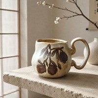 Tasse à café et à eau en céramique Ruyi à motif floral de style rétro, transformée au four, avec poignée, pour le bureau et le petit-déjeuner - Vente en gros