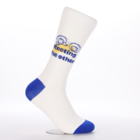 Chaussettes blanches personnalisées avec bout et talon bleus, motif tricoté graphique de dessin animé, ajoutez votre logo, OEM ODM, faible MOQ et emballage personnalisé