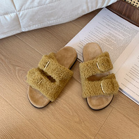 Chaussons fourrés à bout ouvert pour femmes, avec deux boucles décoratives, semelle extérieure confortable en caoutchouc antidérapante, pour l'hiver, la maison et l'extérieur