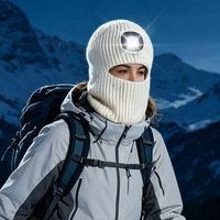 FF6348 Bonnet tricoté rechargeable par USB avec lumière LED, bonnet d'hiver, masque de ski tricoté, cagoule avec lumière