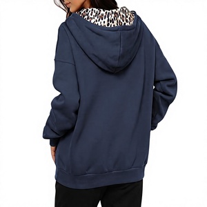 <b>Women's</b> <b>Navy</b> Blue Winter Oversized Long Knitted Hooded Sweatshirt with Front Logo Lined <b>Fleece</b> Pullover Casual Wear and Pockets - Product Image 5