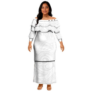 定制图案波利尼西亚部落花卉图案普莱塔哈萨摩亚普莱塔西连衣裙白色两件套教堂女士制服套装 - Product Image 2