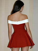 Robe Courte Rouge et Blanche Épaules Dénudées pour Femme, Décoration Nœud, Coupe Ajustée, Jupe Évasée – Idéale pour les Fêtes Estivales – Nouvelle Collection