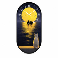 Lukisan Jam Porselen Kristal HD dengan Perahu Bulan Kuning dan Kucing yang Sedang Mengamati