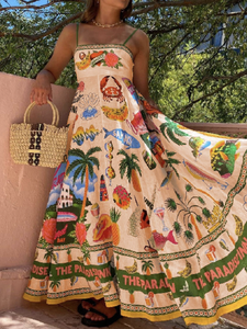 Abito lungo da donna con stampa Tropical Paradise, spalline sottili, linea ad A, per vacanze - Product Image 4