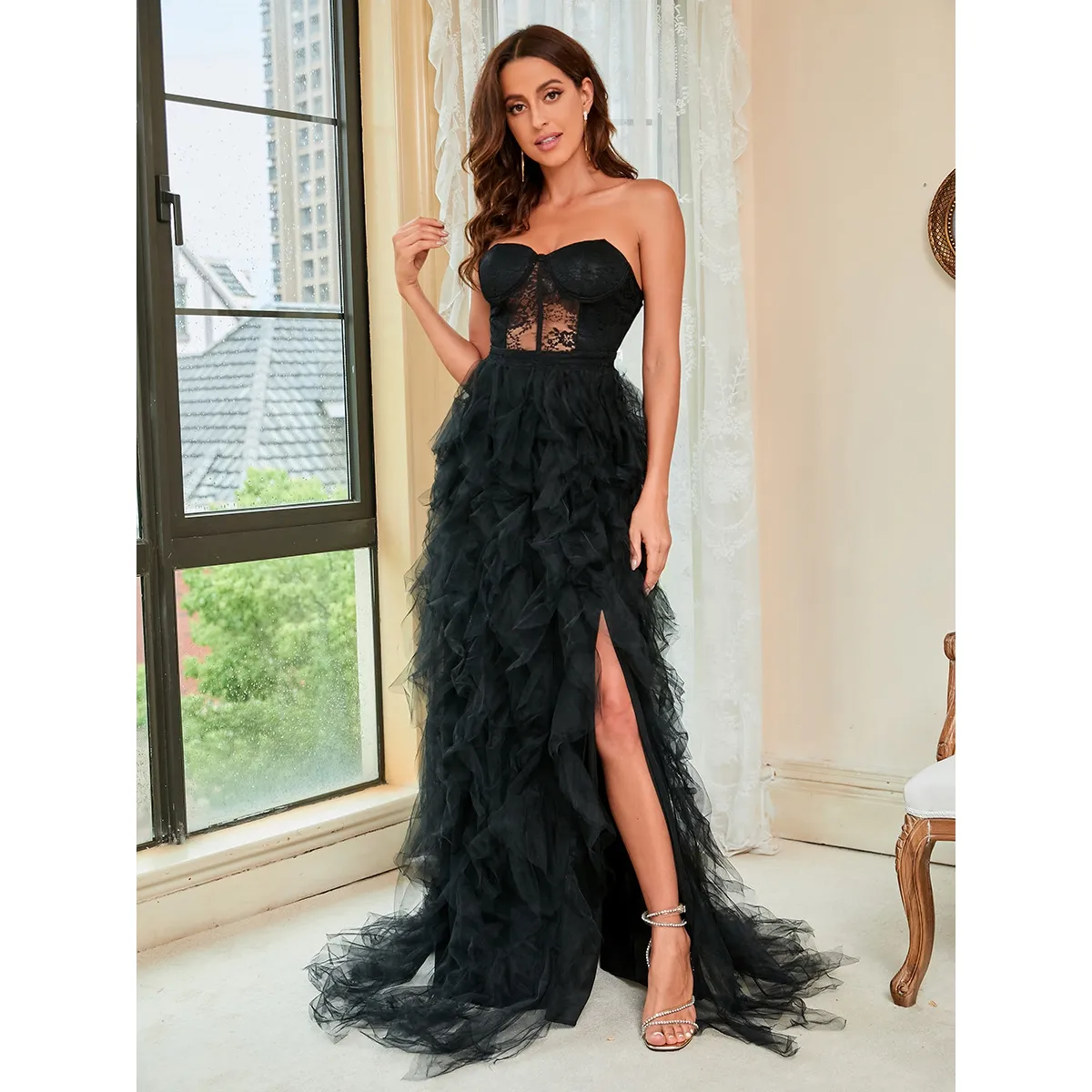 New Arrivals Large Size Lace Mesh Tube Top Elegant Maxi Evening Dress Sexy Party Wear Dress For Women
