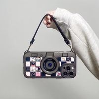 Coque de téléphone en cuir à motif quadrillé avec illustration noir et blanc style Ins pour iPhone 18 17 16 15 Pro Max, livraison gratuite