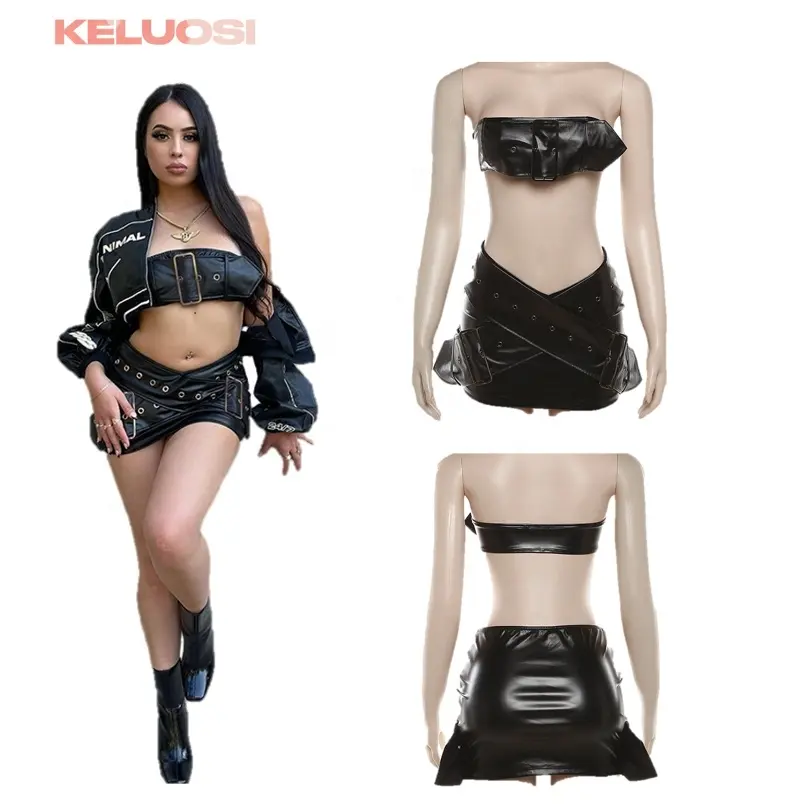 New Stylish Black PU Leather Tube Top And Mini Skirt Two Piece Women Sexy Designer Boutique Outfits