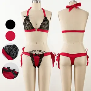 Custom logo Holiday Satin with lace bralette women sexy underwear side ties thong sexy underwear lingerie set