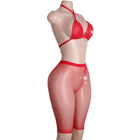 Lingerie sexy en diamant strass Ensemble résille Culotte deux pièces Costume de club à bretelles réglables pour femmes Vêtements érotiques de performance