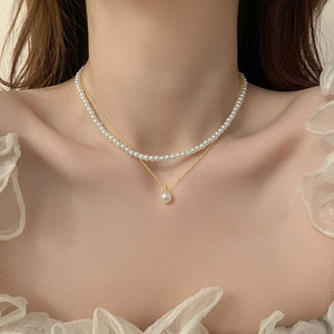 Collar <span class=keywords><strong>de</strong></span> cadena <span class=keywords><strong>de</strong></span> doble capa inspirado en el lujo, collar minimalista con colgante <span class=keywords><strong>de</strong></span> una sola perla, regalos para mujeres - Product Image 2