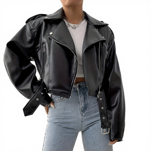 מעיל עור אופנתי לנשים בצבע בהתאמה אישית, עיטור קריסטל, טכניקת רקמה, רוכסן חורף, ייצור חיצוני בצבע אחיד - Product Image 6