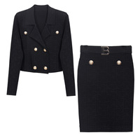 Printemps délicatesse solide Vintage Tweed dame costume de bureau Double boutonnage court longueur Blazer mince Mini jupe femmes 2 pièces