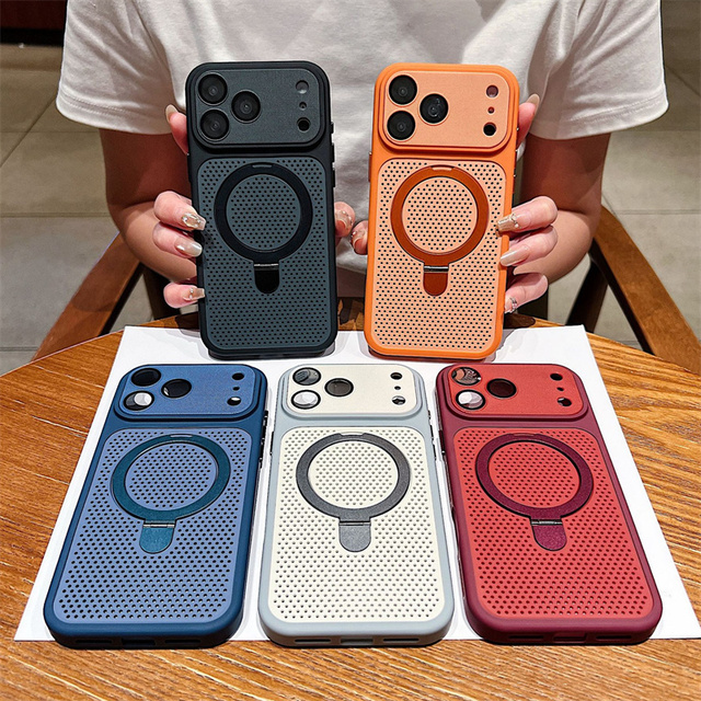 Original Cooling Magnetic Holder Phone case for iPhone 17 16 15 14 Pro Max Converted Stand Breathable Mesh Honeycomb Back Cover