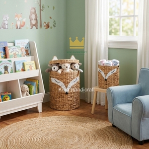 Panier en jacinthe d'eau en forme de renard mignon avec couvercle, panier de rangement décoratif tressé pour jouets d'enfants, vêtements et linge sale - Product Image 6