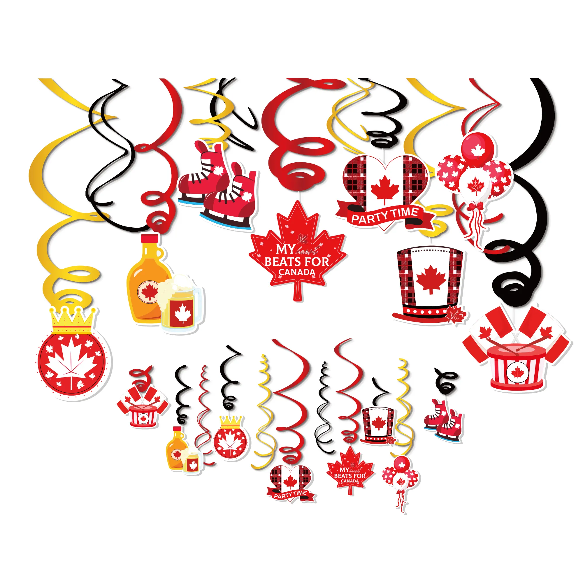 Huancai frohe Kanada-tag-Party-Dekorationen 30 Stück Rot weiß PVC hängende Folie Wirbel Deckenströme für kanadische Partyzubehör