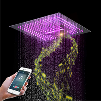 Robinet de douche thermostatique en laiton noir mat avec barre coulissante de 16 pouces, pommeau de douche LED effet pluie/cascade et système audio pour usage hôtelier
