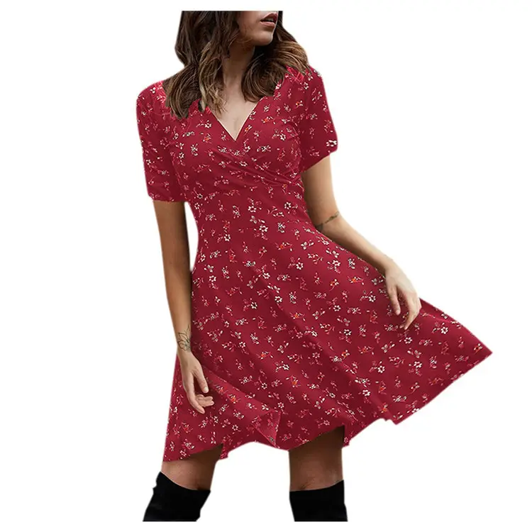 2023 factory Retro ladies summer floral printed slim short dress casual boho dating short sleeve v neck mini dresses for women