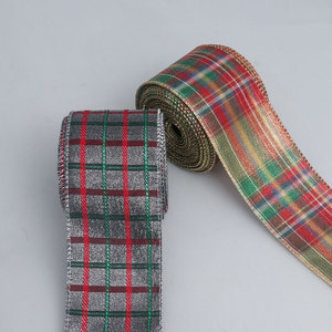 Pita Imitasi Kain Goni Motif Kotak-kotak Berkilau dengan Foil Emas, Pita Tartan Skotlandia, Benang Tenun, Tepi Benang Pancing untuk Natal - Product Image 2