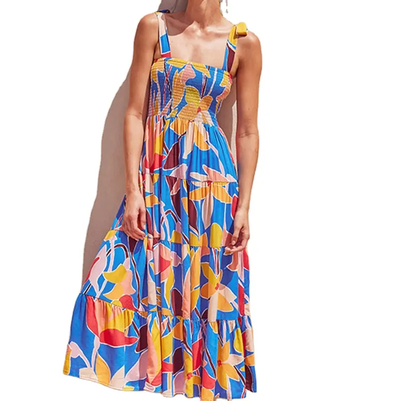 女性のための卸売ドレス2024新しい夏ヨーロッパとアメリカのアンカラ花柄セクシーなホルタードレス