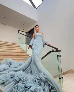 Sharon dedi SF485 lüks mavi Dubai 3D çiçek abiye pelerin A-Line uzun kadın düğün parti için balo elbisesi - Product Image 3