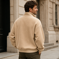 Sweat-shirt à col montant zippé pour homme, en coton gaufré épais beige, avec imprimé lettres, marque privée