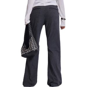 Pantalones de traje de mujer de moda al por mayor, de tiro bajo, holgados, estilo relajado, gris con rayas finas, corte bootcut apilado - Product Image 4
