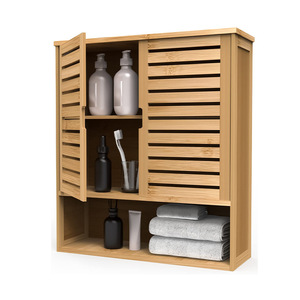 Armoire de rangement de salle de bain en bambou, double porte, murale, design moderne avec étagères pour serviettes et articles de toilette - Product Image 1