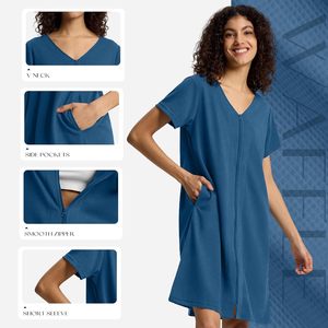 Bata de mujer con cremallera, manga corta, hasta la rodilla, de tela gofrada transpirable, ropa de descanso con bolsillos, pijama para mujer - Product Image 4