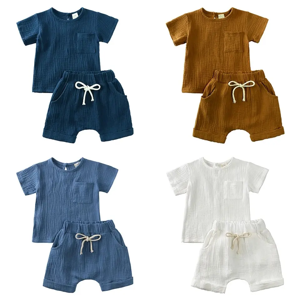 KTFS Gauzy Kleinkind Kleidung Sets Sommer Kurzarm Shirts Kordel zug Hosen 2pcs Kinder Jungen Outfits Musselin Baby Sets