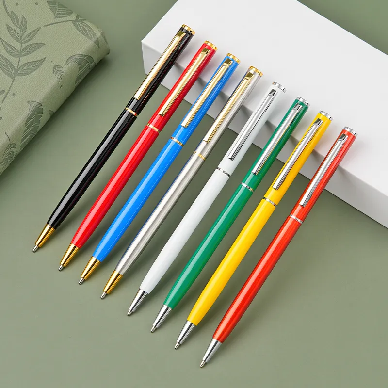 New Promotion Cheap Thin Ball Point Metal Pens Custom Logo Slim Twist Metal Ballpoint Pen with Gold Silver Clip