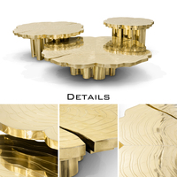 Table basse luxueuse en laiton poli avec placage en bois blanc, design unique en anneau de bois et finition vernie brillante