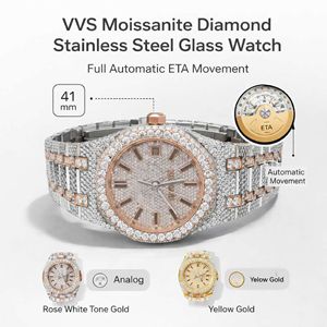 Reloj Automático de 41MM con Movimiento ETA, Diamantes Moissanite VVS, Acero Inoxidable, Tono Oro Rosa, Blanco y Amarillo - Product Image 5