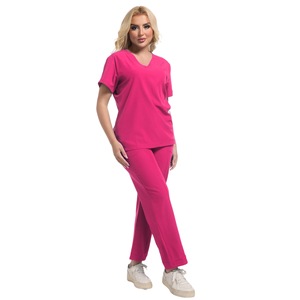 HZMNOI Women Scrub Set Pink V-Neck Top Pants Moisture Wicking Hospital Uniforms - Product Image 1