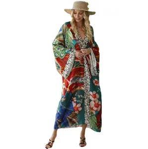 Plus Size Kimono Traditional Printing Animals Breathable swim dress Women Swim Beach Cover Up Floral Print Plus Size kimono