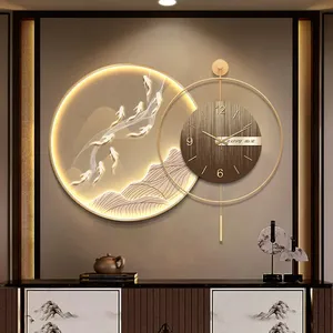 시계 하이 엔드 원형 발광 시계 교수형 그림 홈 거실 벽 벽화와 가벼운 고급 스타일 장식 그림