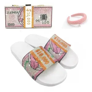 New fashion women rhinestone dollar slippers sandals shoes and bags set for women shoes and bag sets