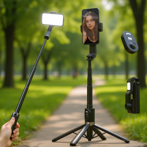 Palo de selfie ajustable Pro 360 con luz LED de relleno, control remoto inalámbrico, soporte estabilizador para teléfonos celulares, aluminio, 1800 mm - Product Image 2