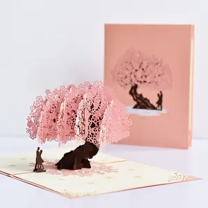 Son sevgililer günü tebrik kartı, aşk nimetler, el işi 3D pop-up kartı, çift kiraz çiçeği kağıt oyma