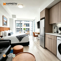 Ensemble de mobilier de chambre d'hôtel moderne et modulaire pour appartement à services prolongés : lit, cadre de lit, canapé, table basse, armoire de cuisine FF&E