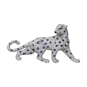 Completo corpo S925 argento placcato oro ad alto tenore di carbonio diamante blu smalto leopardo serie ghepardo spilla