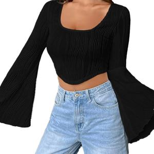 T-shirt personnalisé de haute qualité pour femme, coupe slim, col en U, motif vague d'eau, manches longues, style crop top, idéal pour l'été - Product Image 4