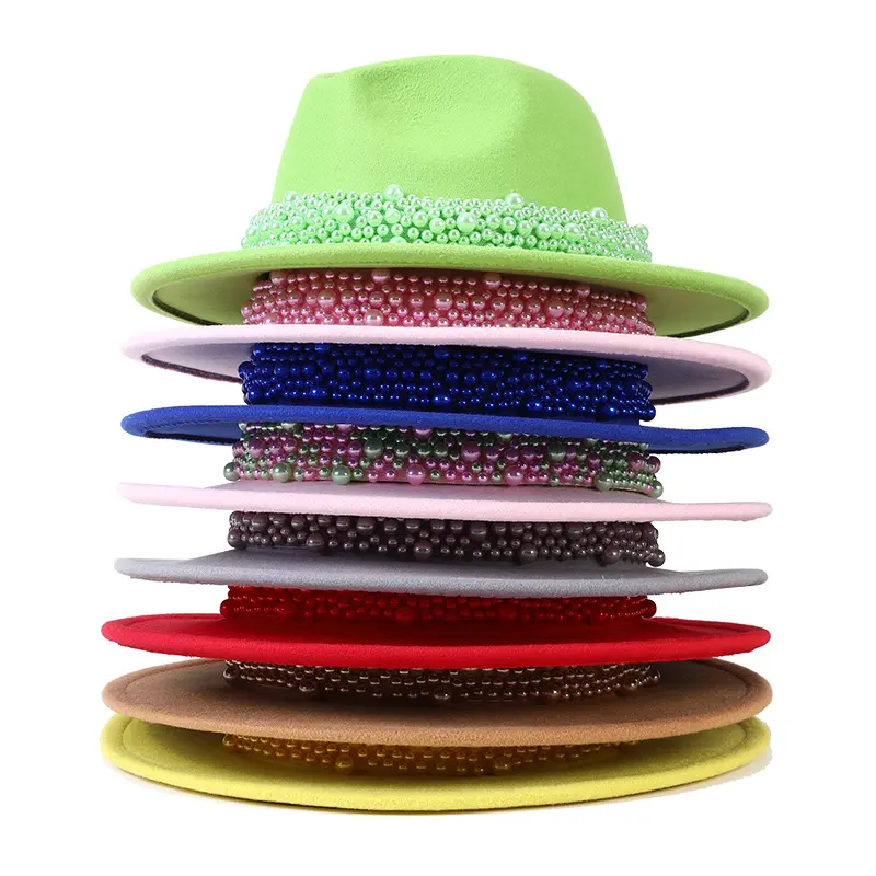 Custom designs solid color Fedora hat w/ Stretchy pearl bands polyester cotton Party music festival wide brim wool felt Fedoras