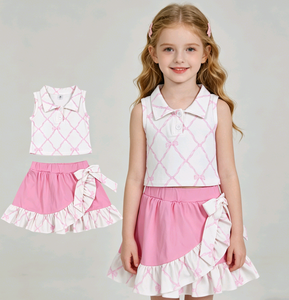 RTS Athletic Wear Bows Pink Casual Little Girl's Shirt Vest Skorts Skirt Shorts Lining Yoga Wholesale Cheer Kids Clothes Sets - Product Image 4